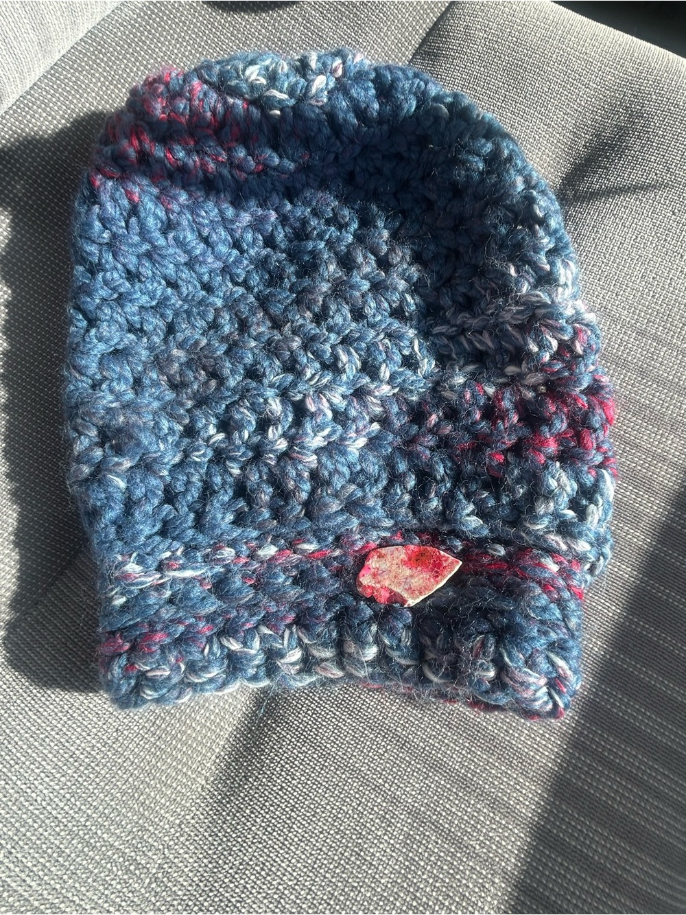 Handmade Blue Crochet Beanie with Pink Accent